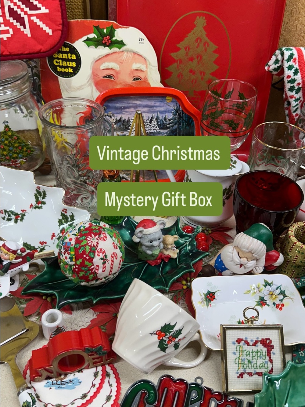 Vintage Christmas Mystery Gift Box - Red & Green Holiday Decor- 5 Items Included